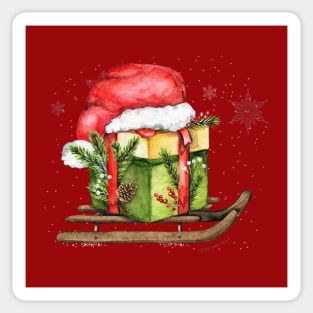Snowy Vintage Sleigh with Gift and Santa Hat Christmas Sticker